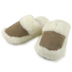 Pantoffel Woolies Wollflor wollweiß mit Lederkappe -Restposten