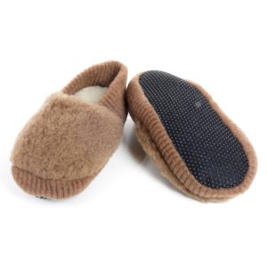 Hausschuh Wollflor Flauschies braun mit Noppensohle – Restposten